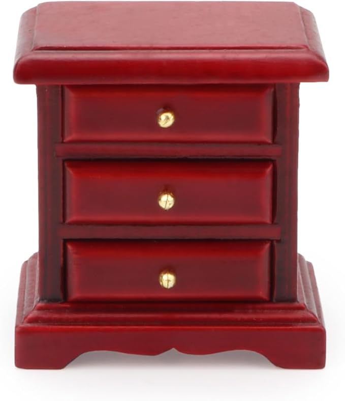 Miniature Bedside 1:12 Furniture Dollhouse Nightstand Bedroom Drawer Cabinet Model Accessories Mini House Scene Building Tabletop Decorations (Red)