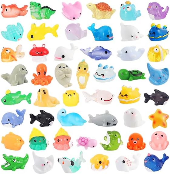 50 Pieces Mini Ocean Resin Animals Tiny Sea Animals Figurines for Cute Fish Tank Decorations Aquarium DIY Miniature Scenes Fairy Garden Dollhouse Birthday Party Favors