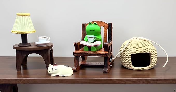 Miniature Frog Figurine Statue, Help Relax Enjoying Tea Time Mini Frog Cat Collection Desk Ofiice Bedroom Decor, Healing Heart Good Mood Indoor Home Decorations with Gift Box -Cat Company