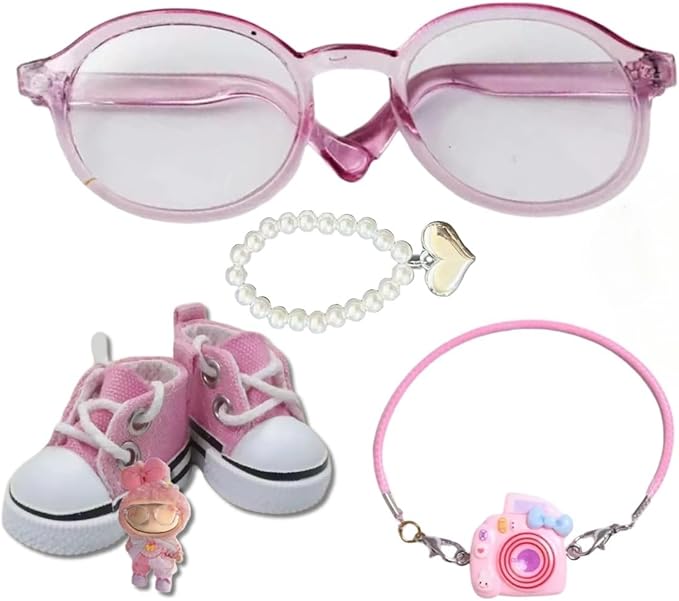 Doll Accessories Set for Labubu Included Mini Pink Glasses, Camera and Cute Pink Shoes, Dress Up Accessories for 15/17cm Dolls(No Clothes)