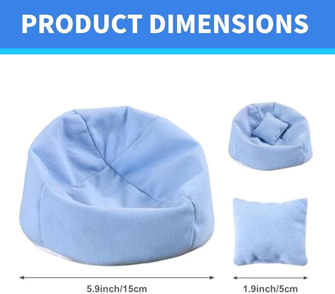Miniature Sofa for Labubu, Cute Doll Seat for 17cm Labubu, Handmade Bean Bag Chair with Pillows, Soft Lazy Sofa Seat Miniature Couch for Dollhouse Furniture Decoration (Blue)