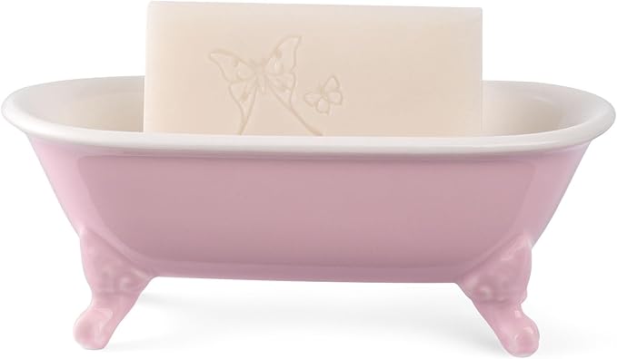 NEWHENGS 6.5" Ceramic Mini Decorative Clawfoot Bathtub Bar Soap Dish, Kitchen Sponge Holder and Shower Tray for Bathroom, 1 Pack (Pink)
