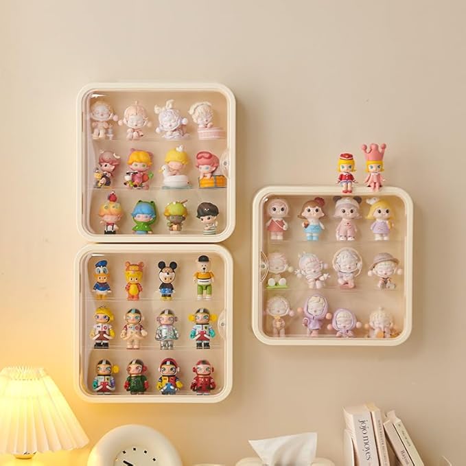 Clear Display Case for Figures, Wall Mounted Acrylic Storage Box, Dust Proof Display Cabinet Organizer for Mini Pop Mart Action Figures Collectibles (Cream)