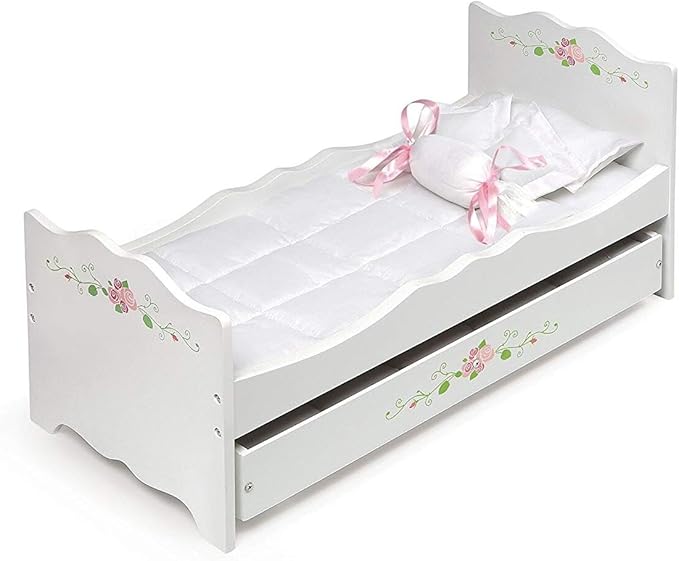 African Adventure Doll Bed with Bedding & Personalization Kit - White Rose - 22" L x 11.25" W x 10.25" H - for Dolls Up to 20", Includes Four Pillows