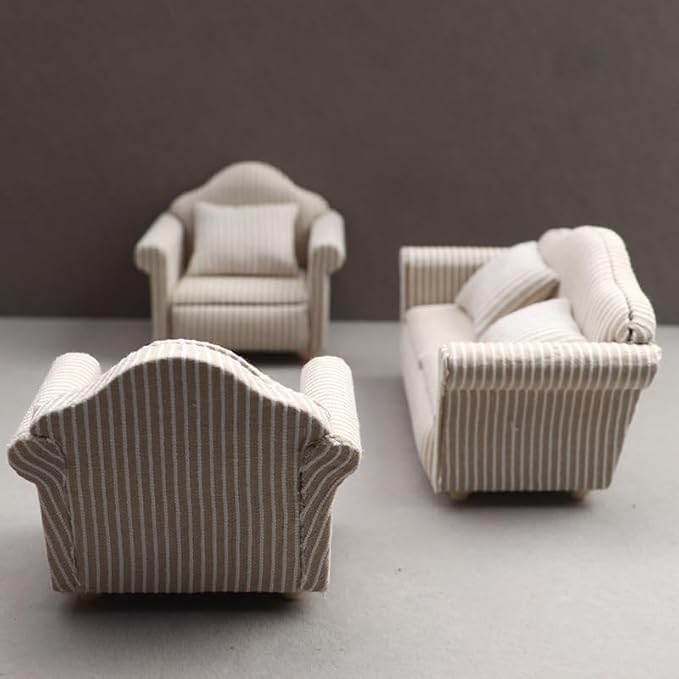1/12 Dollhouse Couch - Miniature Double & Single Sofa with Pillow, Upholstered Armchair for Living Room or Bedroom Furniture Accessories (1 Set)