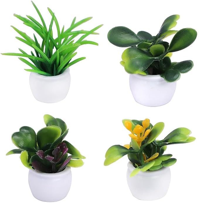4 Pcs Miniature Potted Plant Set – 1:12 Scale Dollhouse Decoration, Green Bonsai Models with Different Flower Pots, Mini Plants for Desk, Fairy Garden Accessories & DIY Micro Landscape Decor.