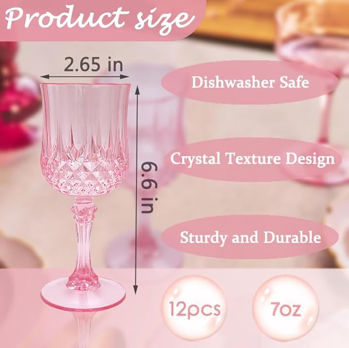 LEYIQU Plastic Wine Glasses, Plastic Goblets Vintage Style Cordial Drinking Glasses for Valentine’s Day, Wedding Reception, Grand Event Party Supplies (12, Pink)
