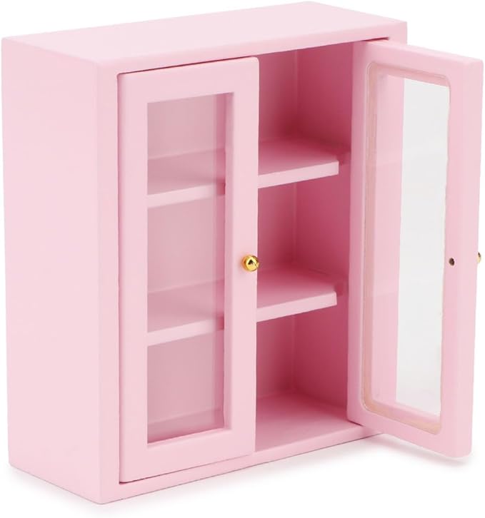 Dollhouse Wall Cabinet Wooden Miniature Cupboard 1:12 Scale Kitchen Furniture Dollhouse Hanging Cabinet Display Shelf Household Accessories Decor for Bathroom Living Room (Pink)