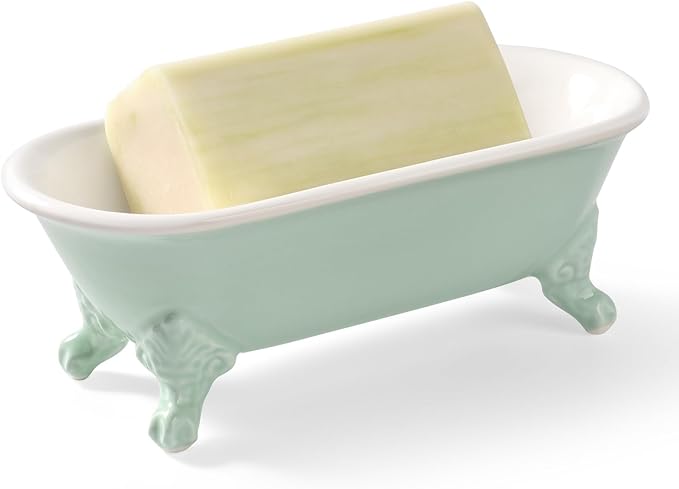 NEWHENGS 6.5" Ceramic Mini Decorative Clawfoot Bathtub Bar Soap Dish, Kitchen Sponge Holder and Shower Tray for Bathroom, 1 Pack(Bright Teal)