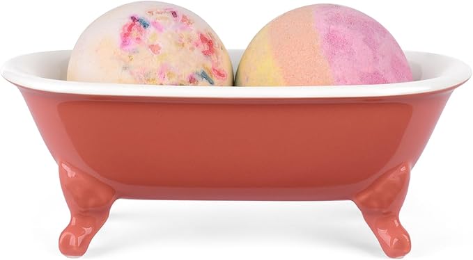 NEWHENGS 6.5" Ceramic Mini Decorative Clawfoot Bathtub Bar Soap Dish, Kitchen Sponge Holder and Shower Tray for Bathroom, 1 Pack(Coral)