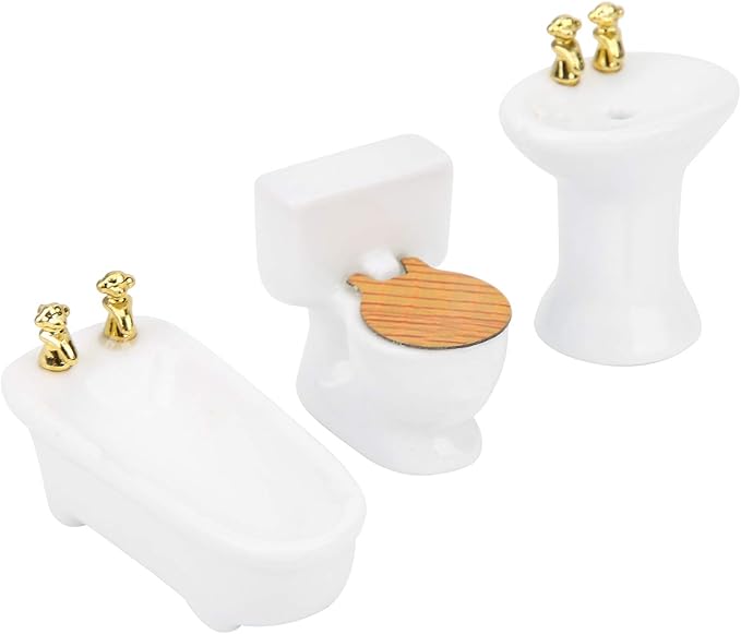 1/24 Dollhouse Miniature Bathroom Set Simulation Ceramic Bathtub Toilet Sink Kit Dollhouse Bathroom Set Melody Jane Dolls Houses Doll House Toilet Bathtub Furni (Pure White)