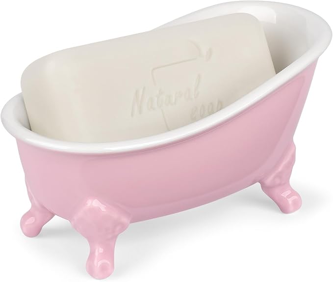NEWHENGS 6.1" Vintage Ceramic Mini Decorative Clawfoot Bathtub Bar Soap Dish, Kitchen Sponge Holder and Shower Tray for Bathroom, 1 Pack (Pink)