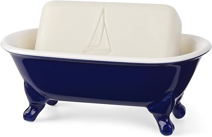 NEWHENGS 6.5" Ceramic Mini Decorative Clawfoot Bathtub Bar Soap Dish, Kitchen Sponge Holder and Shower Tray for Bathroom, 1 Pack(Navy Blue)