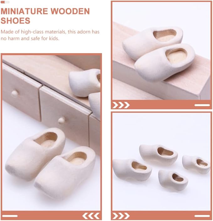 COHEALI Miniature Wooden Shoes - 4pcs Blank Mini House Decor Doll Shoes for Mini House Decor