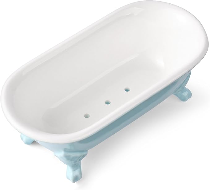 NEWHENGS 6.5" Ceramic Mini Decorative Clawfoot Bathtub Bar Soap Dish, Kitchen Sponge Holder and Shower Tray for Bathroom, 1 Pack(Baby Blue)