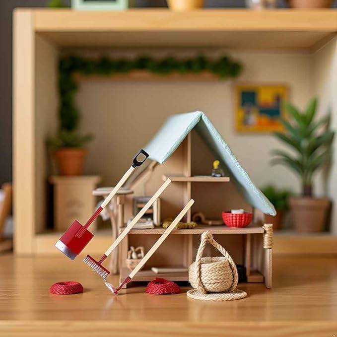 3-Piece Set Miniature Garden Tools, 1:12 Mini Shovels and Rake Farm Tools, Fairy Garden Dollhouse Accessories Furniture Toy Sets (Red, 3.2 Inches)