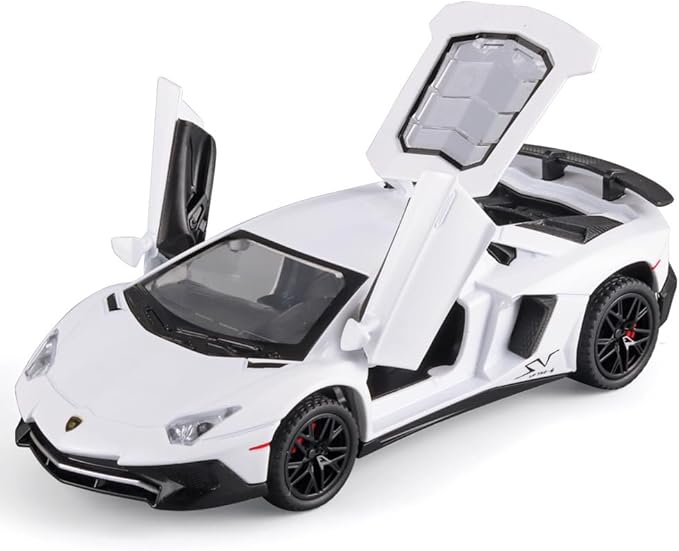 White Lambo Aventador Toy Car Model Pull Back Vehicles Diecast with Light & Sound