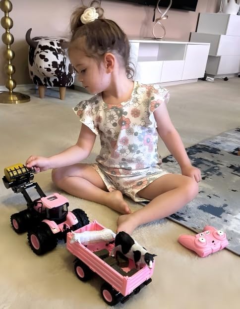 Remote Control Tractor Toy [2026] Kids RC Tractor Set & Truck and Trailer Front Loader - Metal Car Head/8 Wheel/Light, Toddlers Farm Vehicle Toys for 3 4 5 6 7 8 9 Year Old Girls Birthday Gift, Pink