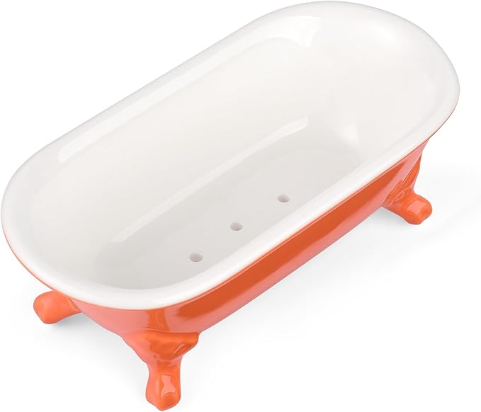 NEWHENGS 6.5" Ceramic Mini Decorative Clawfoot Bathtub Bar Soap Dish, Kitchen Sponge Holder and Shower Tray for Bathroom, 1 Pack(Dark Orange)