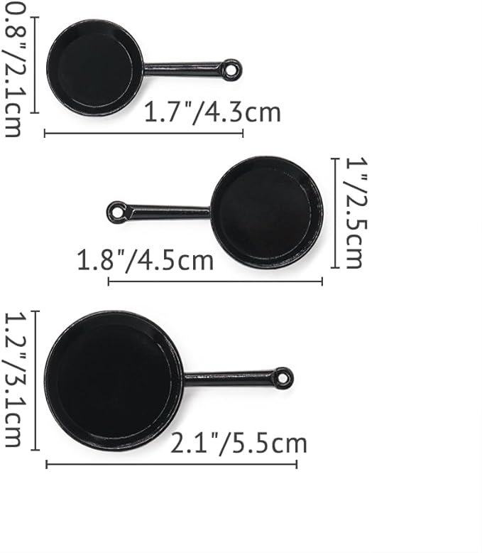 Odoria Dollhouse Frying Pan Miniature: 1/12 Scale Skillet Cookware for Kitchen Restaurant - Mini Kitchenware Cooking Utensils Metal Black 3Pcs