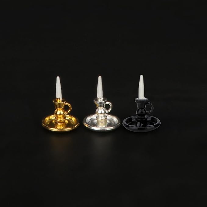 Dollhouse Miniature Candlesticks 2 PCS Candle Holder Set 1/12 Scale Vintage Candles Doll House Desk Ornament Accessories with Metal Round Base for for Fairy Garden (Silver)