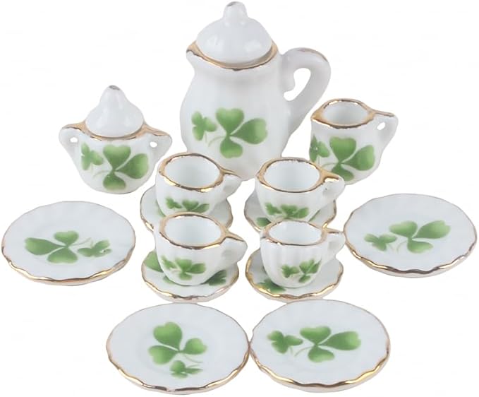 NW 1 Set 15 Pieces 1:12 Ceramics Tea Cup Set Lovely Dollhouse Decoration Set Dollhouse Kitchen Accessories(#6)