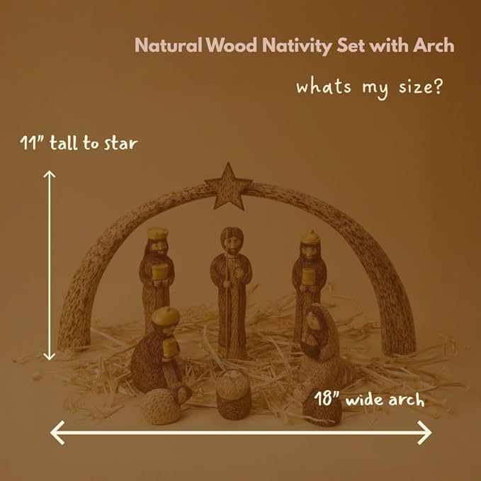 Brown Nativity Set, Christmas Decorations, Collectible Figurines, Baby Jesus Holy Family Manger Scene, Indoor Home Decor for Tabletop, Shelf, Desk, Mantel, Wooden Statues, Star Arch, Set of 8