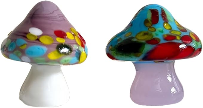 Set of 2 Handmade Glass Mushroom Figurines, 0.98" Tiny Mushroom Decor for Fairy Garden Accessories, Miniature Terrarium Supplies, Dollhouse Landscape & Potted Plant Ornaments (Multi-Color Confetti)