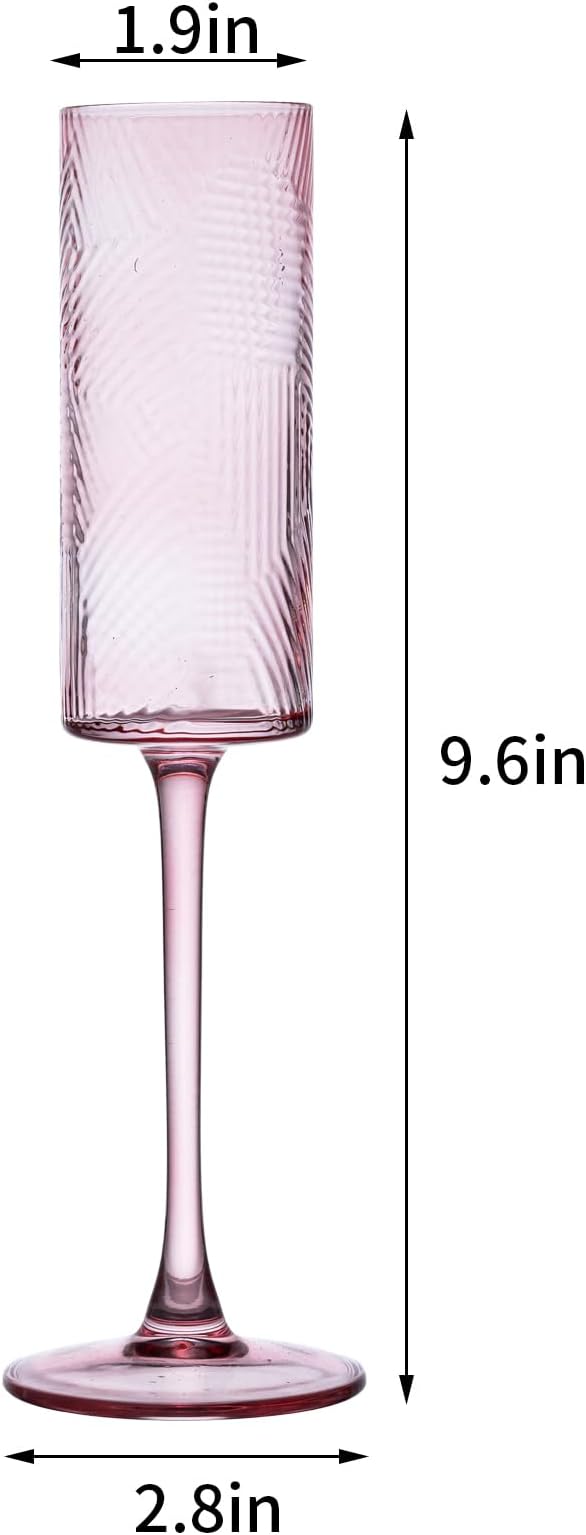 6 Pieces Pink Champagne Flutes,6 OZ Twill Pattern Striped Vintage Stem Glasses Stemware Wine Glasses Champagne Long Stem Drinking Colored Glasses Goblets for Wedding Cocktail Cups,Cava, Prosecco