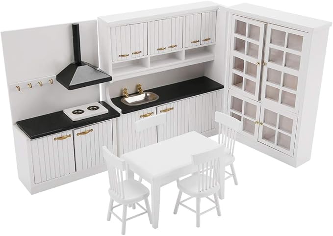 Dollhouse Miniature Kitchen Furniture, Modern Wooden White Set to Store Miniature Food, Exquisite Toy House Furniture, Suitable for 1/12 Scale Dollhouse, Made of