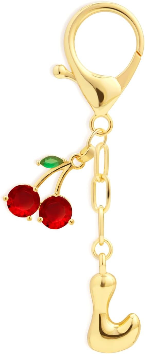 Fohufo Initial Keychains for Women - Cute Cherry Bag Charms Purse, 14K Gold Plated Keychain Accessories, Birthday Gifts