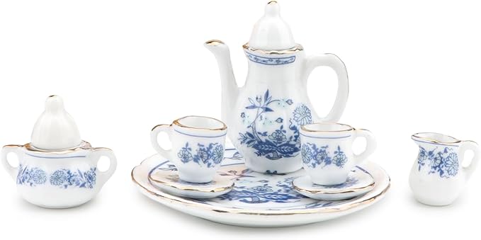 Dollhouse 1:6 Porcelain Tea Cup Sets 8 Pcs Set Miniature Ceramics Dollhouse Accessories Flower Pattern Teapot Platter Dish Sets Dollhouse Kitchen Supplies Decoration (Blue)