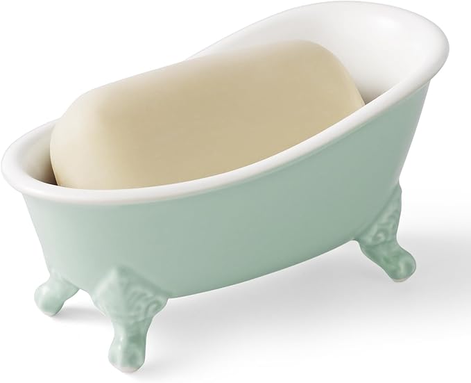 NEWHENGS 6.1" Vintage Ceramic Mini Decorative Clawfoot Bathtub Bar Soap Dish, Kitchen Sponge Holder and Shower Tray for Bathroom, 1 Pack (Bright Teal)