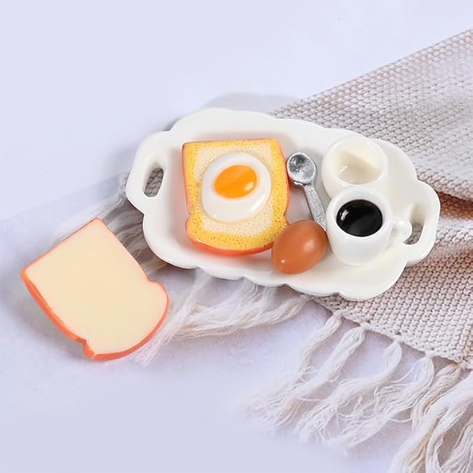 7 Pieces 1:12 Scale Miniature Breakfast Set – Dollhouse Kitchen Accessories, Includes Tray, Spoon, Cup, Coffee, Eggs, Bread, and Other Decorative Items Miniature Scenes for DIY Craft Projects