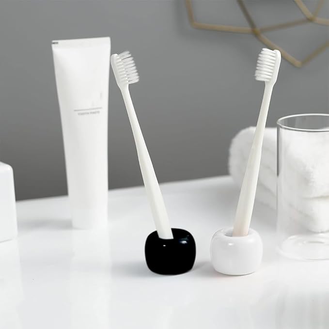 HalfofLife Mini Ceramics Toothbrush Holder Stand for Bathroom Vanity Countertop, Handmade Couple Toothbrush Head Holder, Shaver Holder and Office Pen Holder, Black&White, Pack of 2