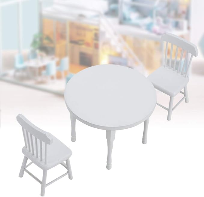 1/12 Scale Dollhouse Furniture Set, Wooden Table and 2 Chairs Miniature White Living Room Decor for Doll House Accessories (Three-Piece Table and Chair Set)