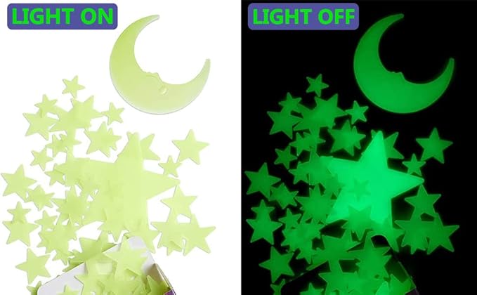 200 Pcs Glow in The Dark Stars with Moon - Luminous 3D Wall Stickers Night Light for Boys & Girls Room Decor - Bedroom Ceiling Space Kids Wallpaper Funky Decor - Glowing Stars Tape Stickers for Kids