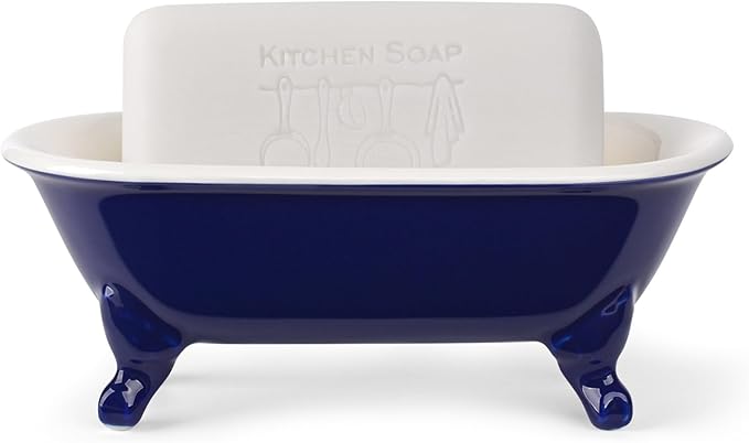 NEWHENGS 6.5" Ceramic Mini Decorative Clawfoot Bathtub Bar Soap Dish, Kitchen Sponge Holder and Shower Tray for Bathroom, 1 Pack(Navy Blue)
