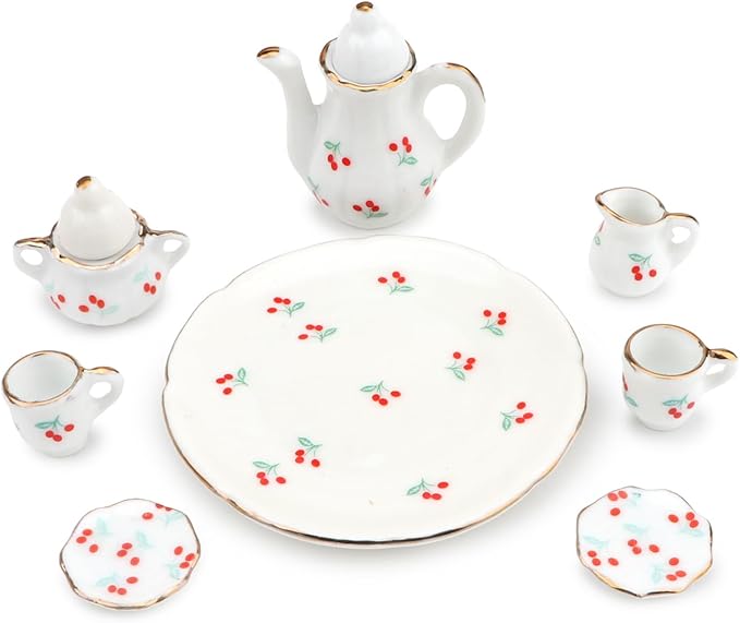 Dollhouse 1:6 Porcelain Tea Cup Sets 8 Pcs Set Miniature Ceramics Dollhouse Accessories Flower Pattern Teapot Platter Dish Sets Dollhouse Kitchen Supplies Decoration (Cherry)