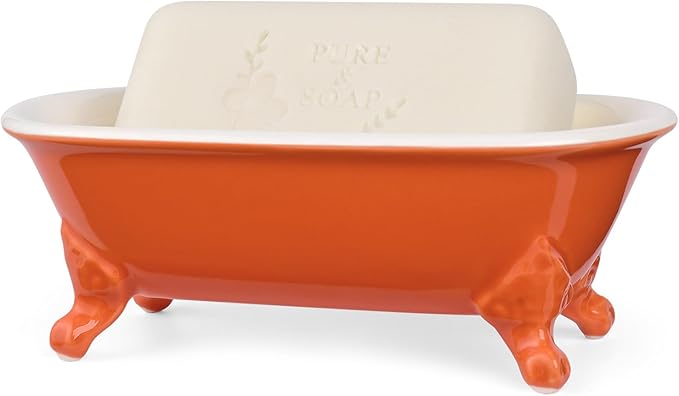 NEWHENGS 6.5" Ceramic Mini Decorative Clawfoot Bathtub Bar Soap Dish, Kitchen Sponge Holder and Shower Tray for Bathroom, 1 Pack(Dark Orange)