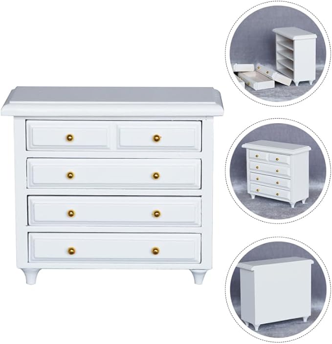 1:12 Dollhouse Miniature Furniture, Solid Wood Cabinet with White Drawers, Mini House Decor for Living Room and Bedroom Scenes, 3.81 X 3.42 X 1.65 Inches