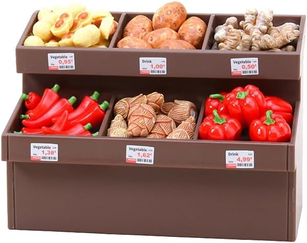 1/20 Scale Mini Realistic Vegetable Rack Model, Supermarket Props, Prentend-Play Accessory Set (Brown Vegetable Rack + 40 Vegetables)