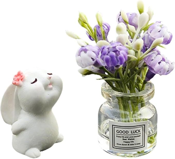 2PCS Mini Smell The Fragrant Rabbit & Flower Vase Decorations – Handmade Resin Vases with Purple Jasmine for Dollhouse, Micro Landscape, Fairy Garden, DIY Projects, and Home Shelf Styling