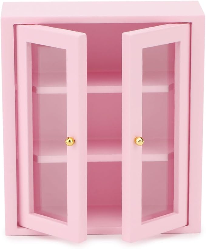 Dollhouse Wall Cabinet Wooden Miniature Cupboard 1:12 Scale Kitchen Furniture Dollhouse Hanging Cabinet Display Shelf Household Accessories Decor for Bathroom Living Room (Pink)