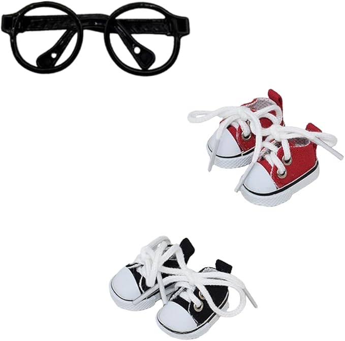 Mini Canvas Sneakers for Dolls, 2 Pairs Set in Red and Black, Lace-up Style for labubu 2025,Include A Pair of Glasses(no Lenses) (Red & Black)