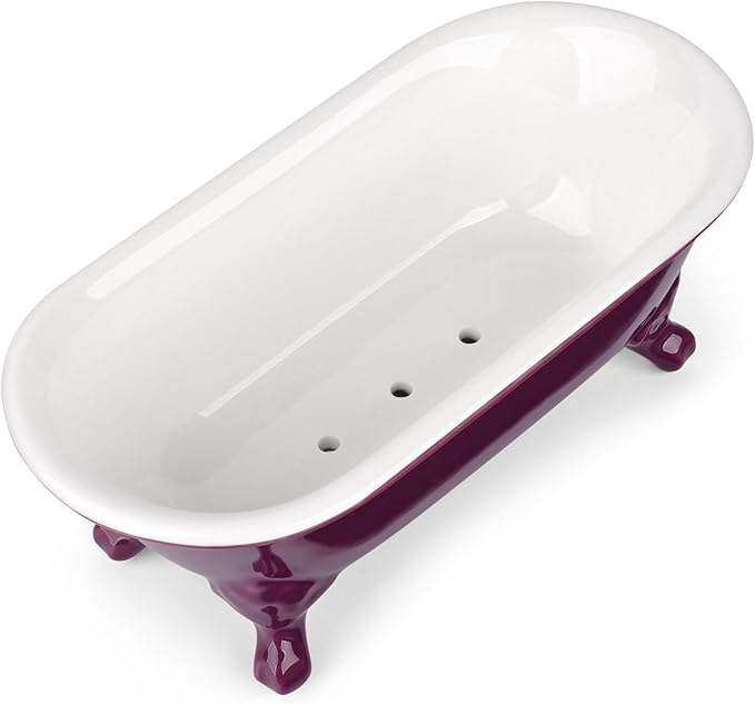 NEWHENGS 6.5" Ceramic Mini Decorative Clawfoot Bathtub Bar Soap Dish, Kitchen Sponge Holder and Shower Tray for Bathroom, 1 Pack(Burgundy)