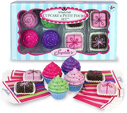 Sophia's Doll-Sized Sprinkled Cupcakes & Petit Fours Dessert Set with 8 Pretend Treats Plus Napkins for 18" Dolls, Multicolor