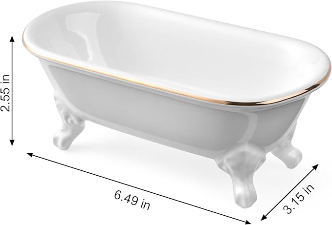 NEWHENGS 6.5" Ceramic Mini Decorative Clawfoot Bathtub Bar Soap Dish, Kitchen Sponge Holder and Shower Tray for Bathroom, 1 Pack (White Gold Rim)