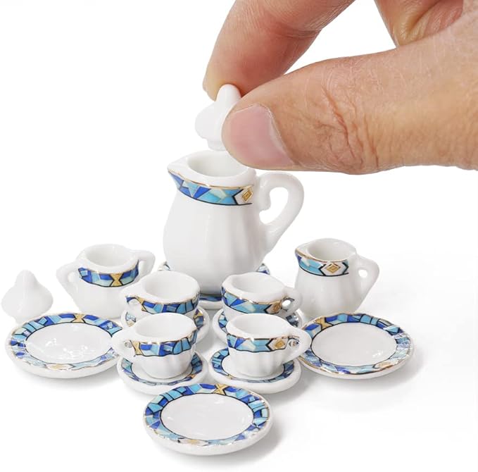 Odoria 1/12 Miniature Porcelain Tea Set 15Pcs Dollhouse Decoration Accessories, Mediterranean Blue