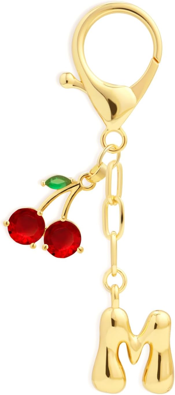 Fohufo Initial Keychains for Women - Cute Cherry Bag Charms Purse, 14K Gold Plated Keychain Accessories, Birthday Gifts